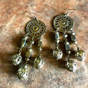 Mandala Kuchi Dangle Earrings White Brass Tone